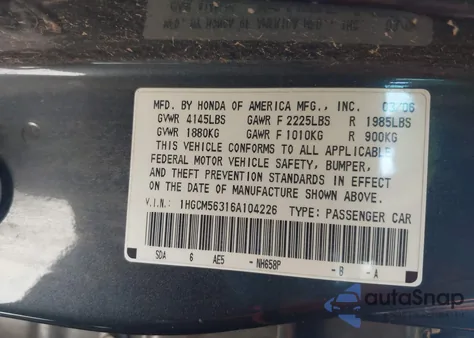 2006 Honda Accord 2.4 Se from USA, damaged, VIN 1HGCM56316A104226